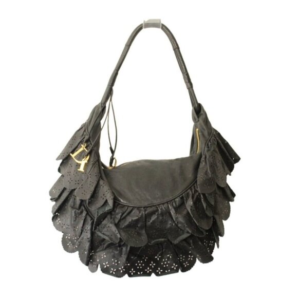 Christian Dior Vintage Gypsy Ruffled Hobo Black Leather Gold DIOR Bag Charm - Picture 6 of 15